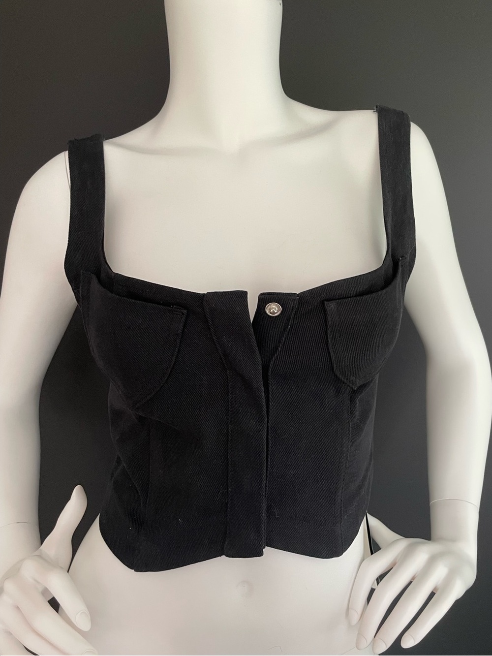 ARE YOU AM I Riku Tank Black Cotton Denim Vest Corset Cropped Top S NWT